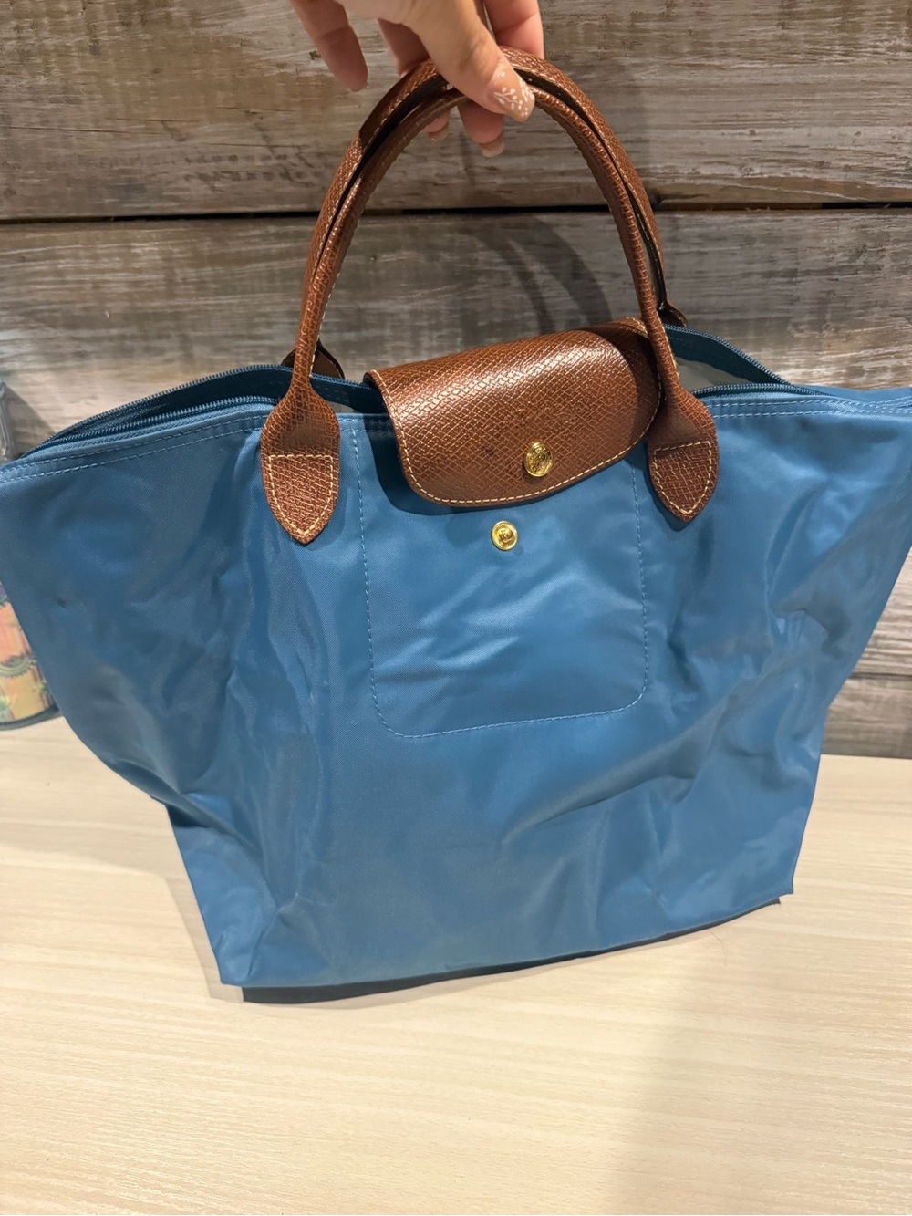 Longchamp Blue Tote with Brown Leather Trim